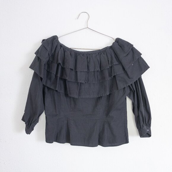 Black ruffle 3/4 sleeve vintage top, off the shoulder - Picture 1 of 6